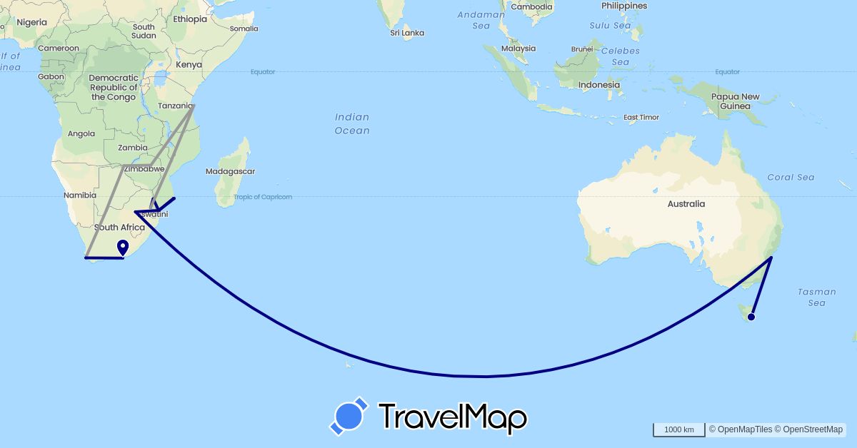 TravelMap itinerary: driving, plane in Australia, Mozambique, Tanzania, South Africa, Zimbabwe (Africa, Oceania)