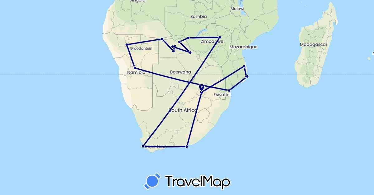 TravelMap itinerary: driving in Botswana, Mozambique, Namibia, South Africa, Zimbabwe (Africa)